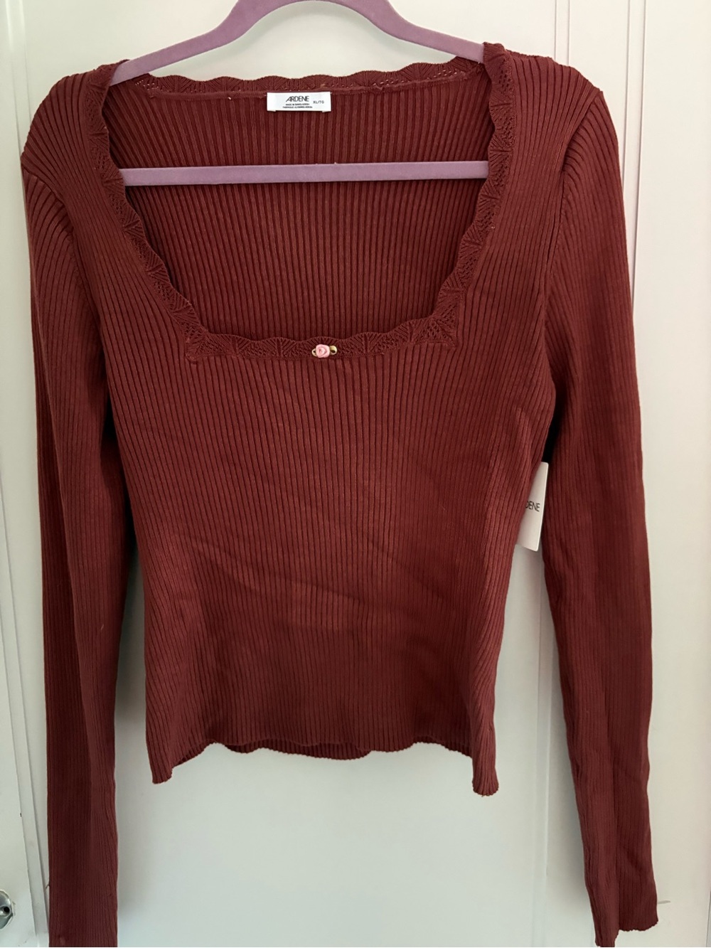 aerie Ribbed Long Sleeve Square Neck Top - Brick Red Colour
